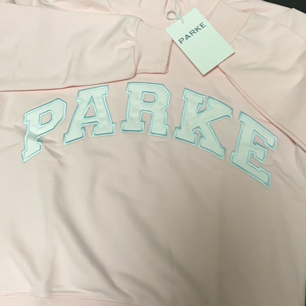 Parke Light Pink Mock Neck Sweatershirt | Mint Varsity Lettering | NWT size S/M